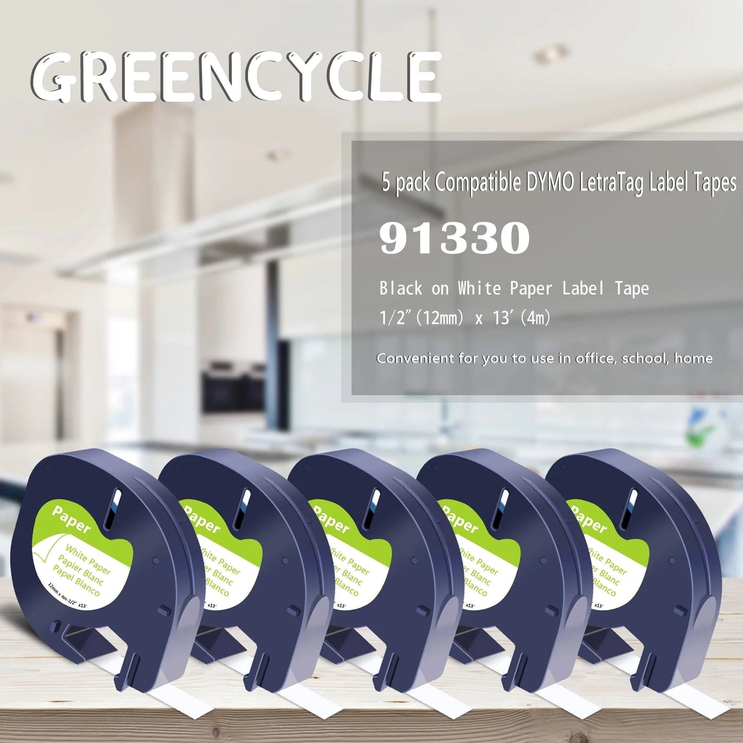 5PK 12Mm 4M Black on White Paper Label Tape Compatible for Dymo 91330 91220 91200 59421 S0721510 Letratag Printer