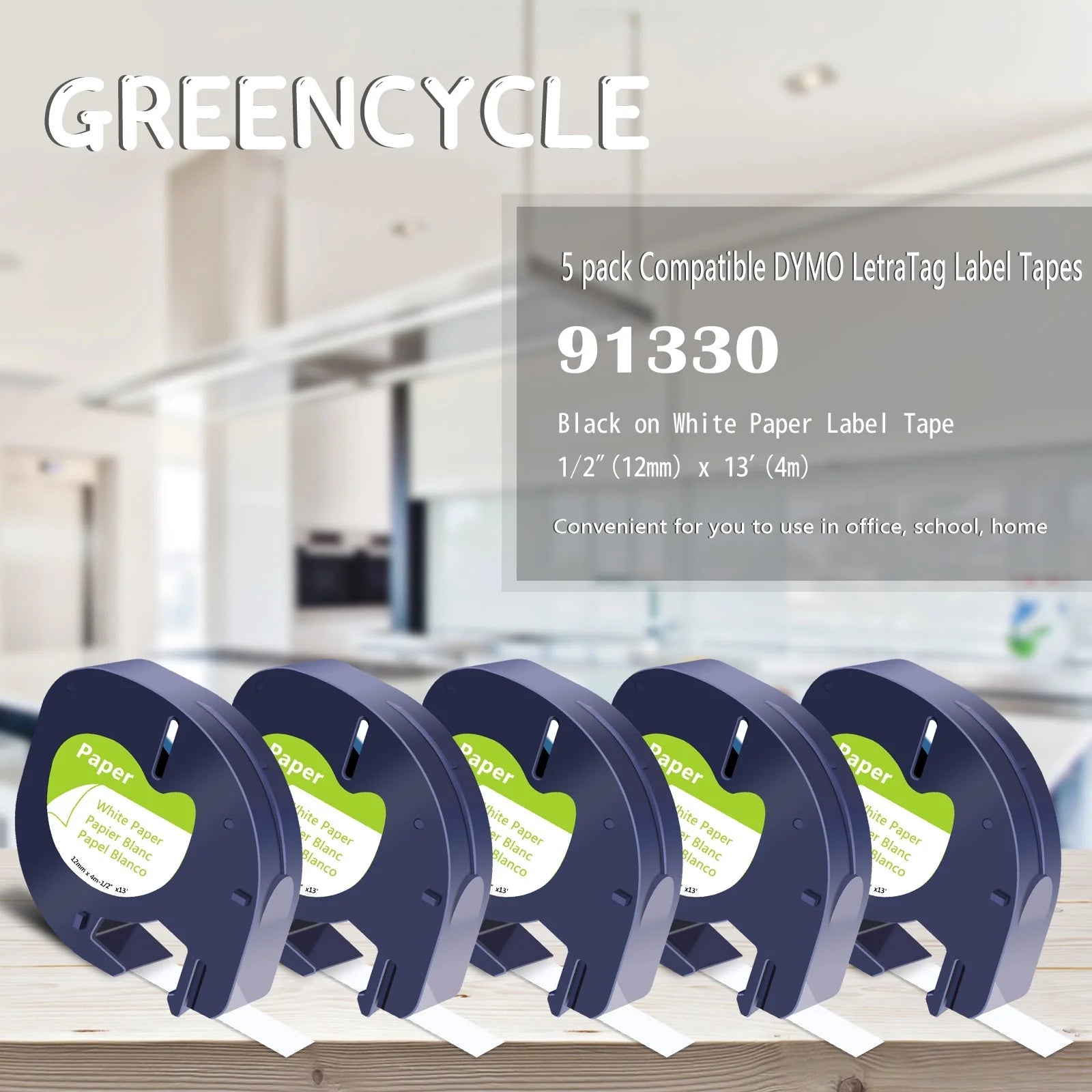 5PK 12Mm 4M Black on White Paper Label Tape Compatible for Dymo 91330 91220 91200 59421 S0721510 Letratag Printer