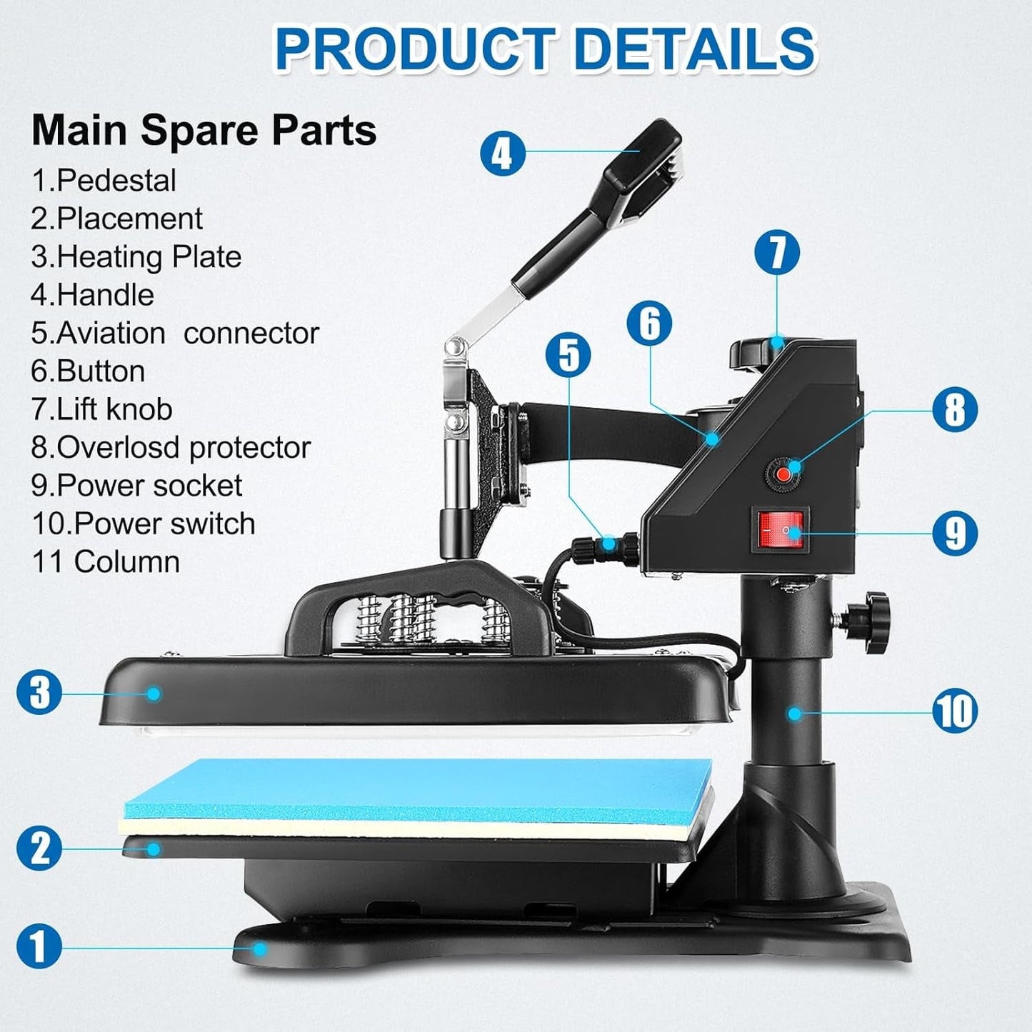 Heat Press Machine for Tshirts, 5 in 1 Heat Transfer Machine, 12" X 15" Heat Printing Press for Sublimation Combo with 360 Degree Rotation Swing Away for T-Shirt Hat Cap Mug Plate, Blue Black