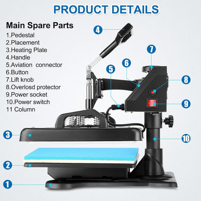 Heat Press Machine for Tshirts, 5 in 1 Heat Transfer Machine, 12" X 15" Heat Printing Press for Sublimation Combo with 360 Degree Rotation Swing Away for T-Shirt Hat Cap Mug Plate, Blue Black