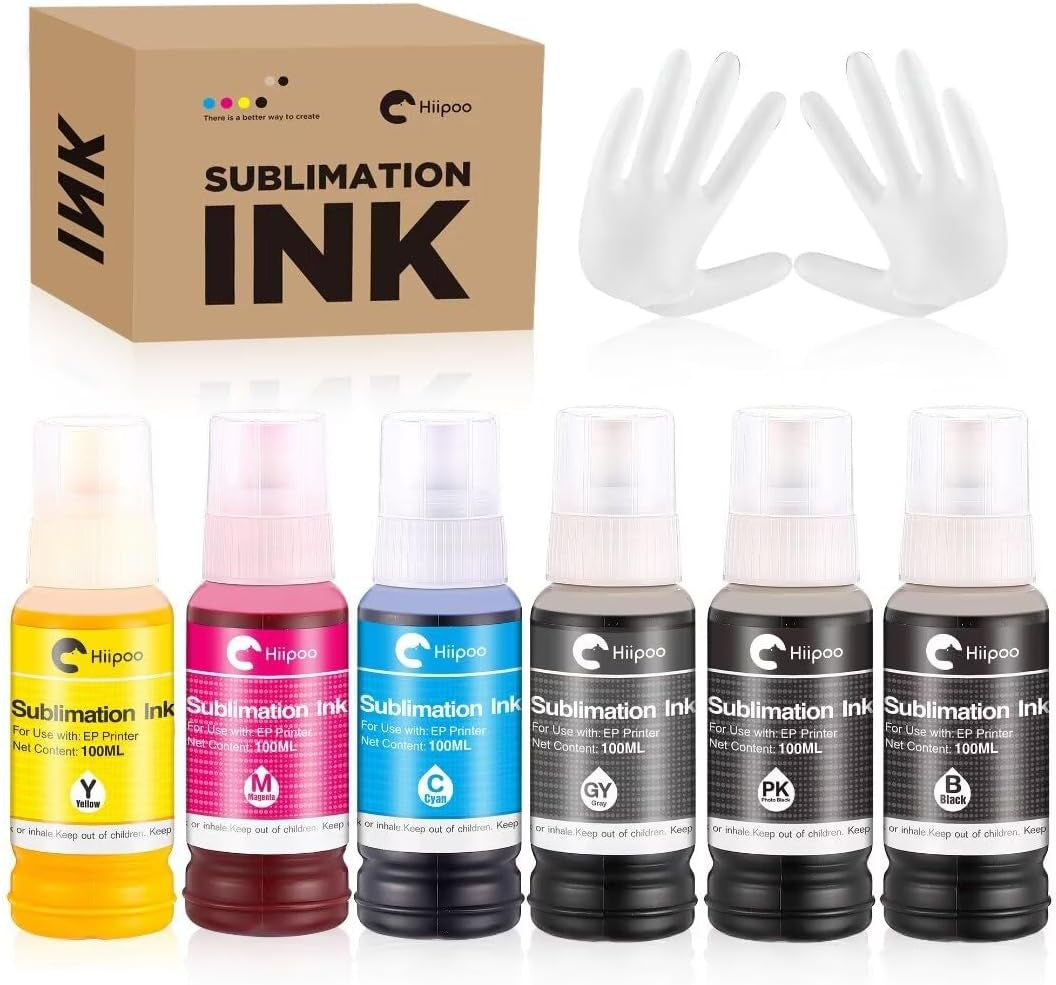 Hiipoo 600ML Sublimation Ink for ET-8500 ET-8550 Wide-Format Supertank Printers Heat Press Transfer on T-Shirt Tumblers (6X100Ml, BK PB C M Y GY)