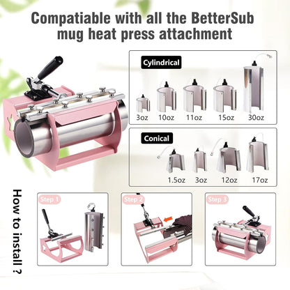 Bettersub 5 in 1 Heat Press Machine 12X15 Inch, Industrial-Quality Sublimation Press with 30Oz Tumbler Attachment & Curved Hat Plate, 360° Swivel Design for T-Shirts, Vinyl, DTF Film - Pink