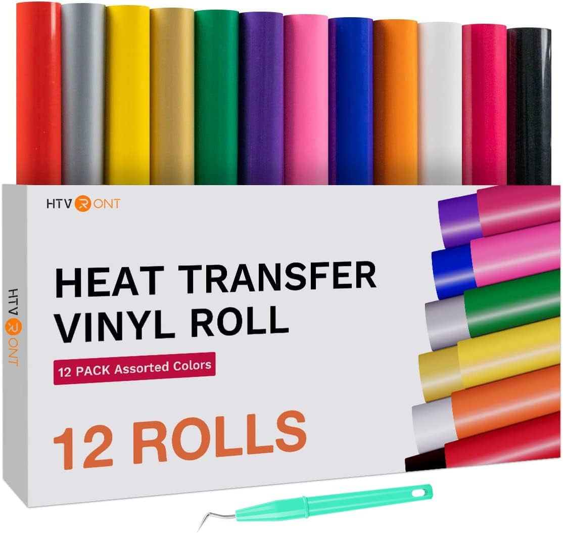 HTV Heat Transfer Vinyl Bundle (12 Pack) - 12" X 5FT HTV Vinyl Rolls, Easy to Cut Iron on Vinyl for All Cutting Machines, Easy to Weed Heat Transfer Vinyl