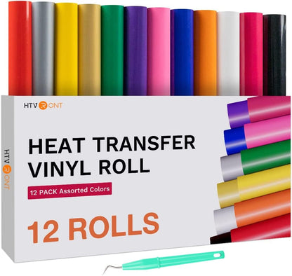 HTV Heat Transfer Vinyl Bundle (12 Pack) - 12" X 5FT HTV Vinyl Rolls, Easy to Cut Iron on Vinyl for All Cutting Machines, Easy to Weed Heat Transfer Vinyl