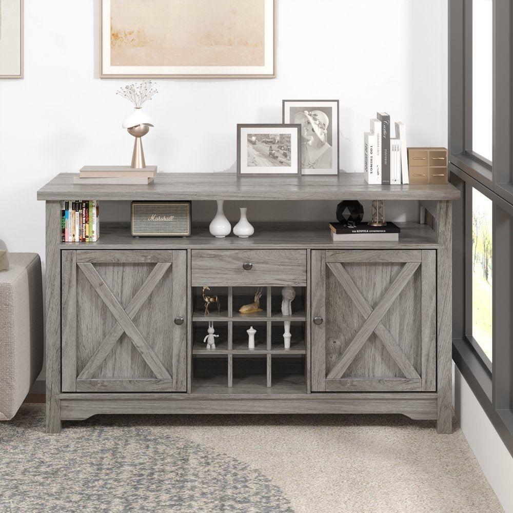 Farmhouse Coffee Bar Cabinet, 47" Kitchen Buffet Storage Cabinet with Barn Door, Liquor Cabinet with Wine Rack, Gray