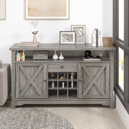 Farmhouse Coffee Bar Cabinet, 47" Kitchen Buffet Storage Cabinet with Barn Door, Liquor Cabinet with Wine Rack, Gray