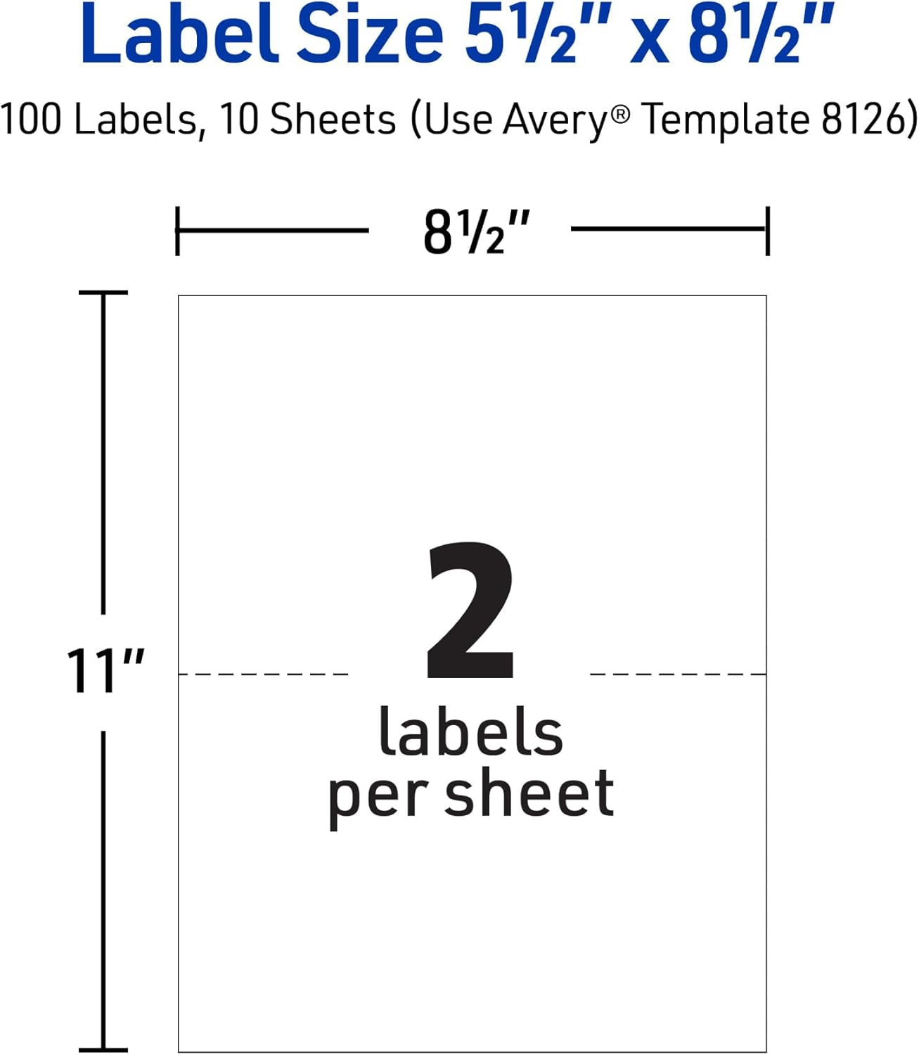 Half-Sheet Printable Shipping Labels, 5.5" X 8.5" Customizable Stickers, White, 50 per Pack, 100 Blank Mailing Labels Total, Great for Mailing, Shipping, Organizing, and More (2-Pack of 8126)