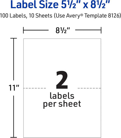 Half-Sheet Printable Shipping Labels, 5.5" X 8.5" Customizable Stickers, White, 50 per Pack, 100 Blank Mailing Labels Total, Great for Mailing, Shipping, Organizing, and More (2-Pack of 8126)