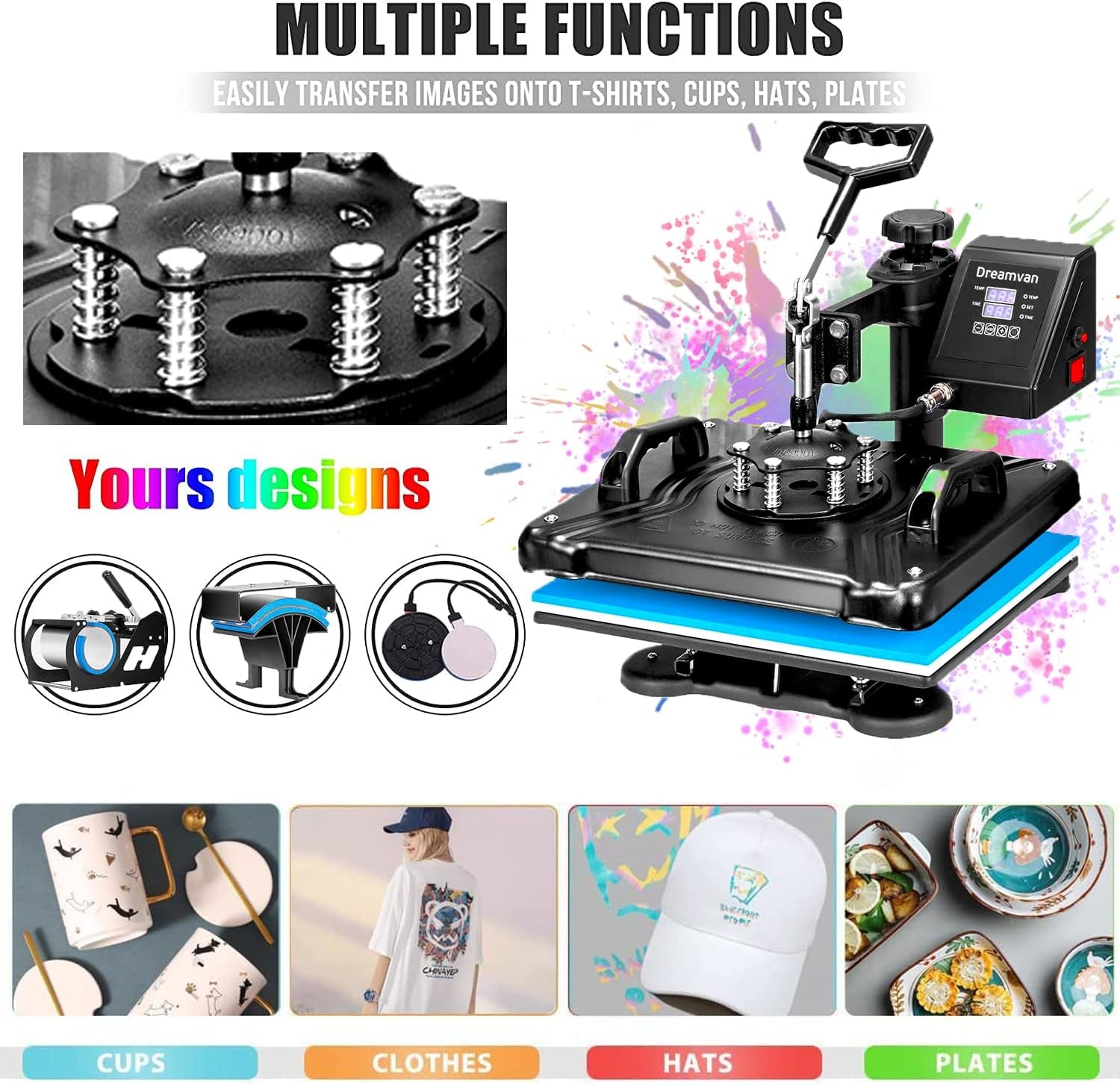 Heat Press,5 in 1 Multifunctional Tshirt Printing Machine 15"X12" Digital Industrial Heat Transfer Machine,Swing Away Sublimation Heat Press Machine for T Shirts/Mug/Cap/Plate/Diy