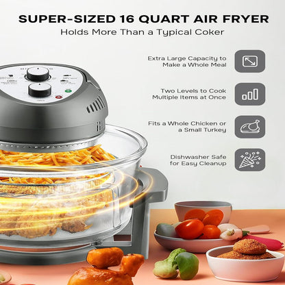 16Qt Large Air Fryer Oven with 50+ Recipe Book Airfryer Oven Makes Healthier Crispy Foods Gray