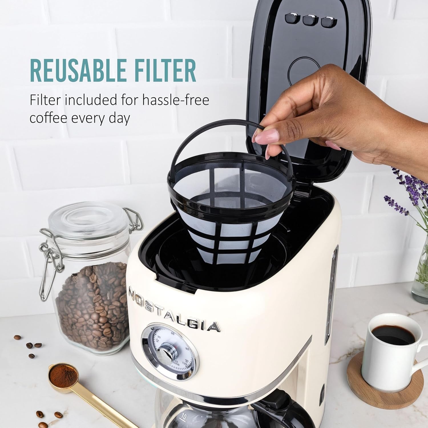Nostalgia Classic Retro 10 Cup Coffee Maker - One-Touch Drip Brew, Reusable Filter - Anti-Drip, Auto Shutoff, & Time Display - Dishwasher Safe 50 Oz Carafe - Cream