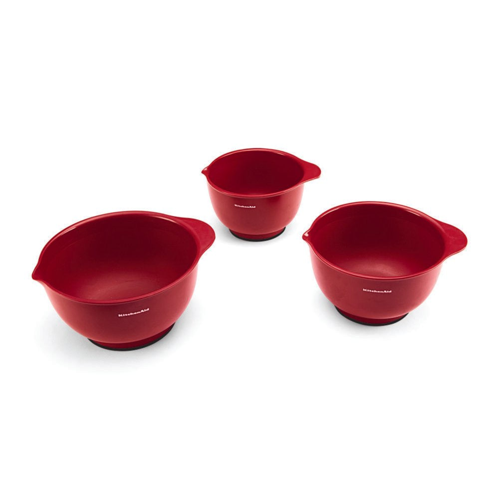 Bpa-Free Plastic Set of 3 Mixing Bowls with Soft Foot in Red