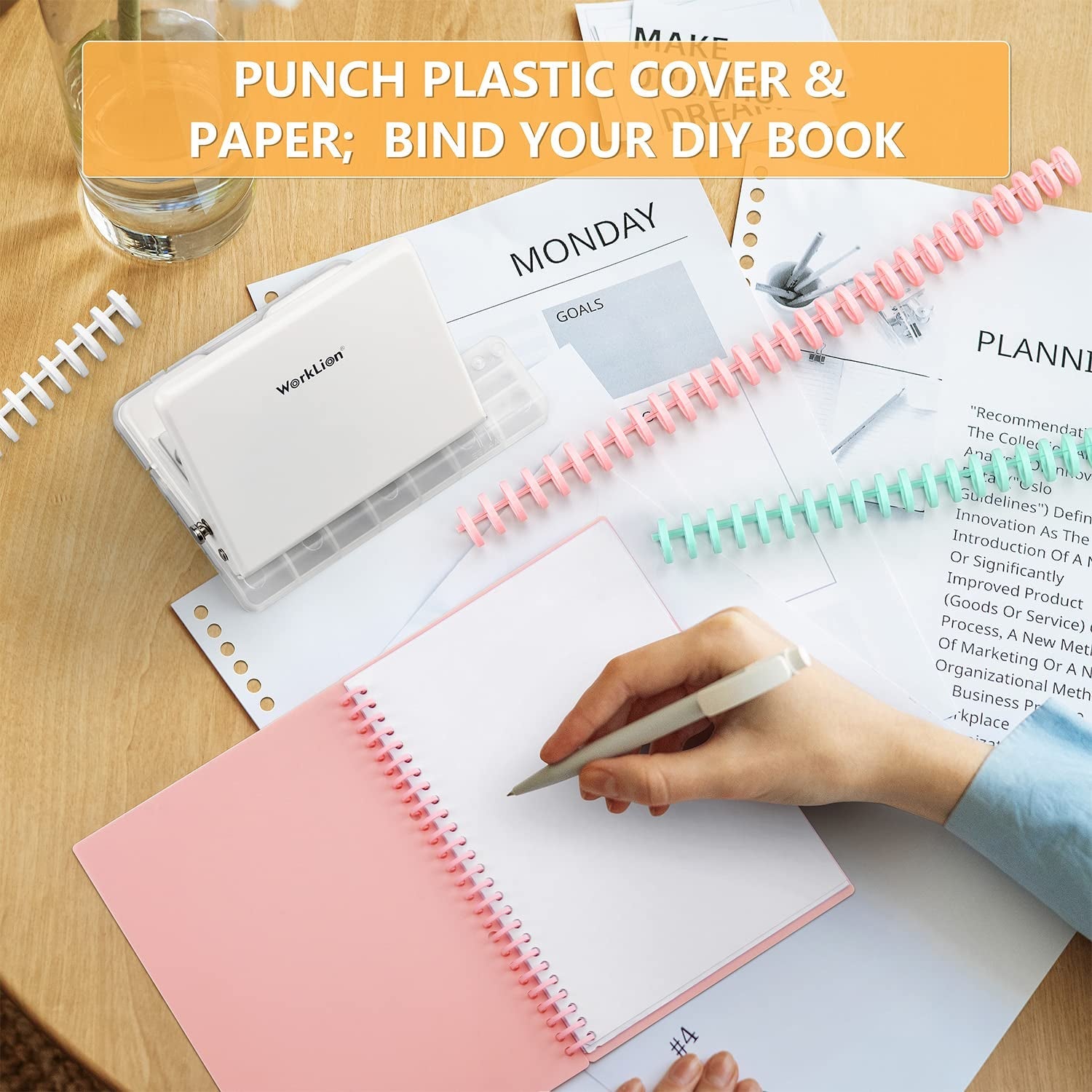 Binding Machine for Planner： WORKLION Metal 10 Hole Punch & Multi Color 30 Hole Loose Leaf Binder Rings(10 Pcs) for Making 26 Holes on B5 Paper, 30 Holes on A4, 20 Holes on A5 Book.