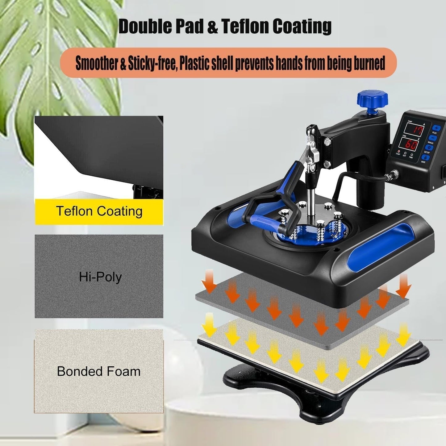 Heat Press Machine 15X15In, Assemble 5 in 1, Fast-Heating, 360 Swing Away, Digital Control Multifunction Sublimation Combo, Blue