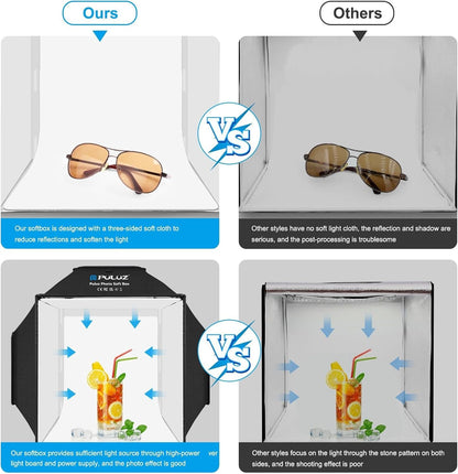 Light Box, PULUZ 16"X16" Studio Light Box with 480Pcs Leds Lights 4 Color PVC Photography Backdrops Shooting Tent for Jewelry and Product Portable Lightbox Picture Box for Photography (Upgrade)