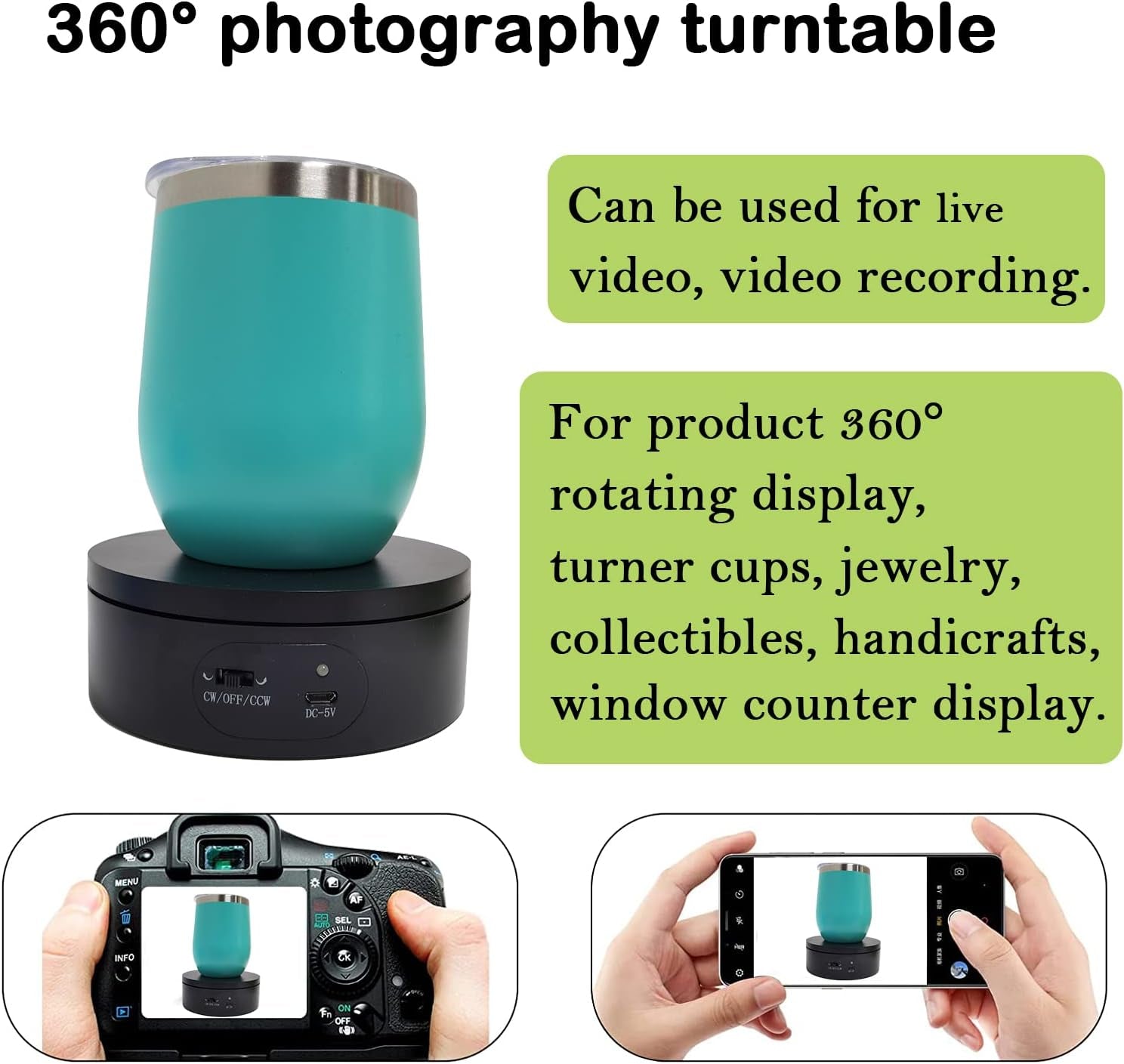 YVV Motorized Rotating Display Stand,Turner Cup Platform for Epoxy Glitter Tumbler, 360 Automatic Mute Rotating Turntable, Tumbler Making Supplies Spinner, Base for Product Video Show ,Balck 4.72In