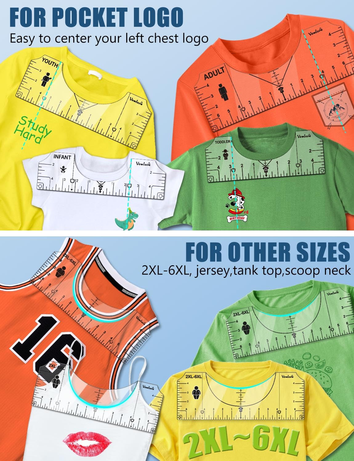 Vowlove T-Shirt Ruler for Precise Alignment, Center & Left Chest Placement Tool for Shirt Making, Compatible with Cricut, Heat Press, HTV, Vinyl, DTF, Sublimation