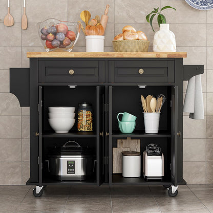 Rolling Kitchen Island, Kitchen Cart with Rubber Wood Countertop, Lockable Casters, Adjustable Shelves, Matte(Black-43.3"X17.7"X32.5")