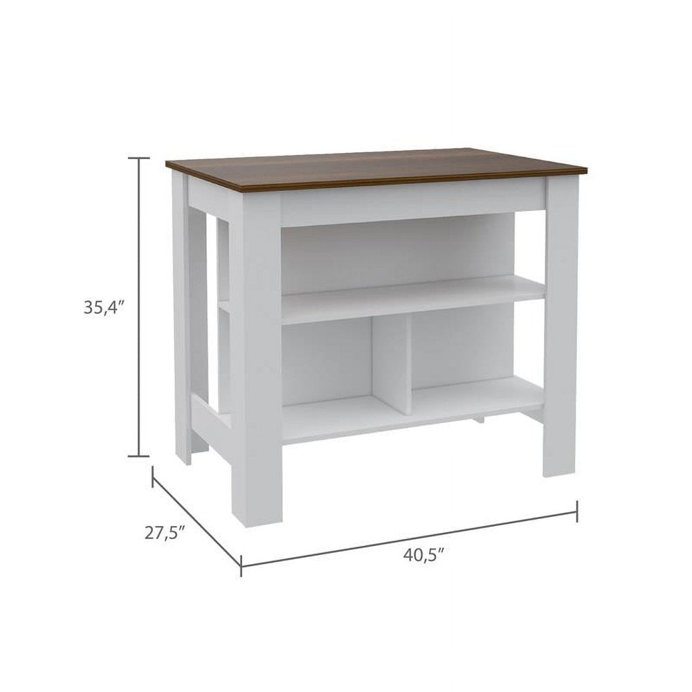 White Modern Engineered Wood Walnut Top Cala Kitchen Island