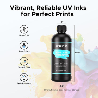 Omtech 500Ml UV Printer Ink Set, 6 Colors CMYK + White + Varnish, Low Odor UV Curable Ink, Compatible with F1080 I1600 XP600 I3200 L1800 L800 R1390 L1300 DX7, for Acrylic Glass Metal