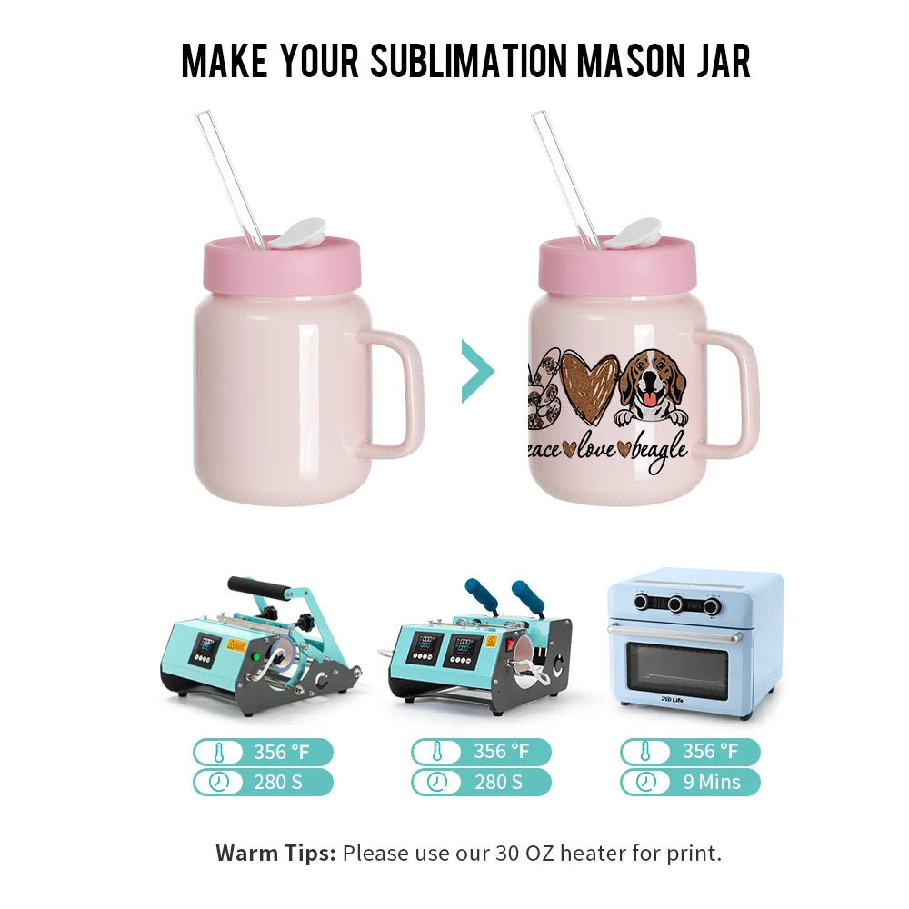 Sublimation Ceramic Mason Jar Full Color with Handle, Silicon Lid and Glass Straw 17 OZ 4 Pack (3 Color Options)