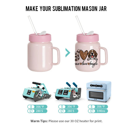 Sublimation Ceramic Mason Jar Full Color with Handle, Silicon Lid and Glass Straw 17 OZ 4 Pack (3 Color Options)