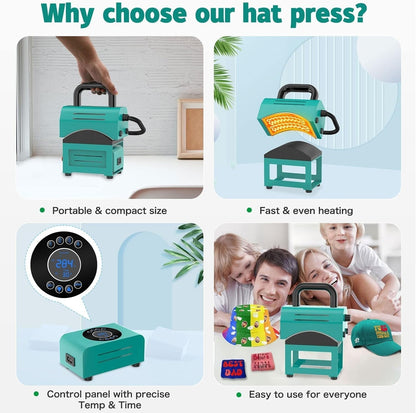 Hat Heat Press,Curved Heating Plate and Curved Panel for Easy Press and Fit of Caps,4 Preset Time and Temperature Settings Small Portable Hat Heat Press Machine for Hats Wristbands Bags