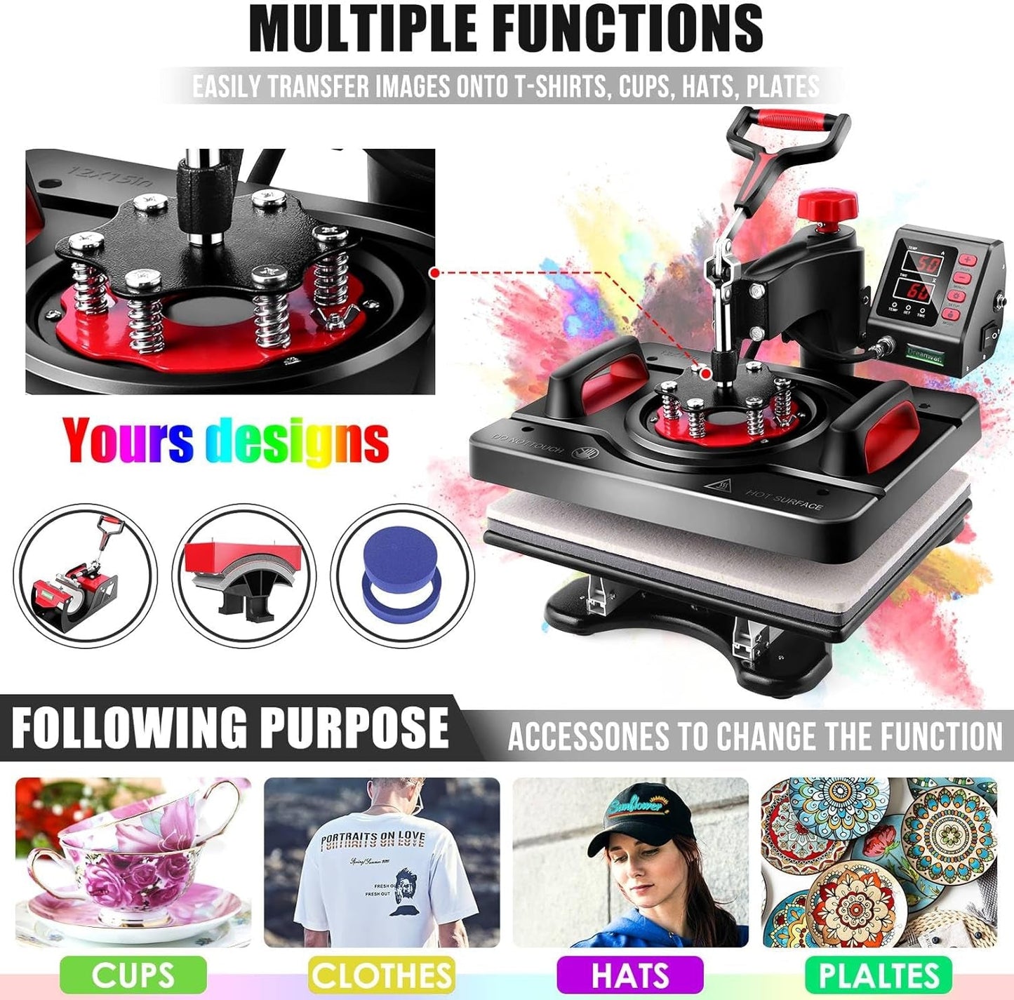 WHUBEFY Heat Press, 15X12 Inch 8 in 1 Shirt Press Multifunction Combo 360° Swing Away Digital Printing Heat Transfer Sublimation Machine Vinyl Heat Press Machine for T Shirts, Cap, Mug, Plate, DIY