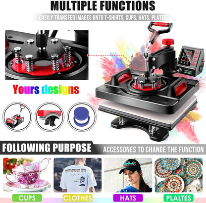 WHUBEFY Heat Press, 15X12 Inch 8 in 1 Shirt Press Multifunction Combo 360° Swing Away Digital Printing Heat Transfer Sublimation Machine Vinyl Heat Press Machine for T Shirts, Cap, Mug, Plate, DIY