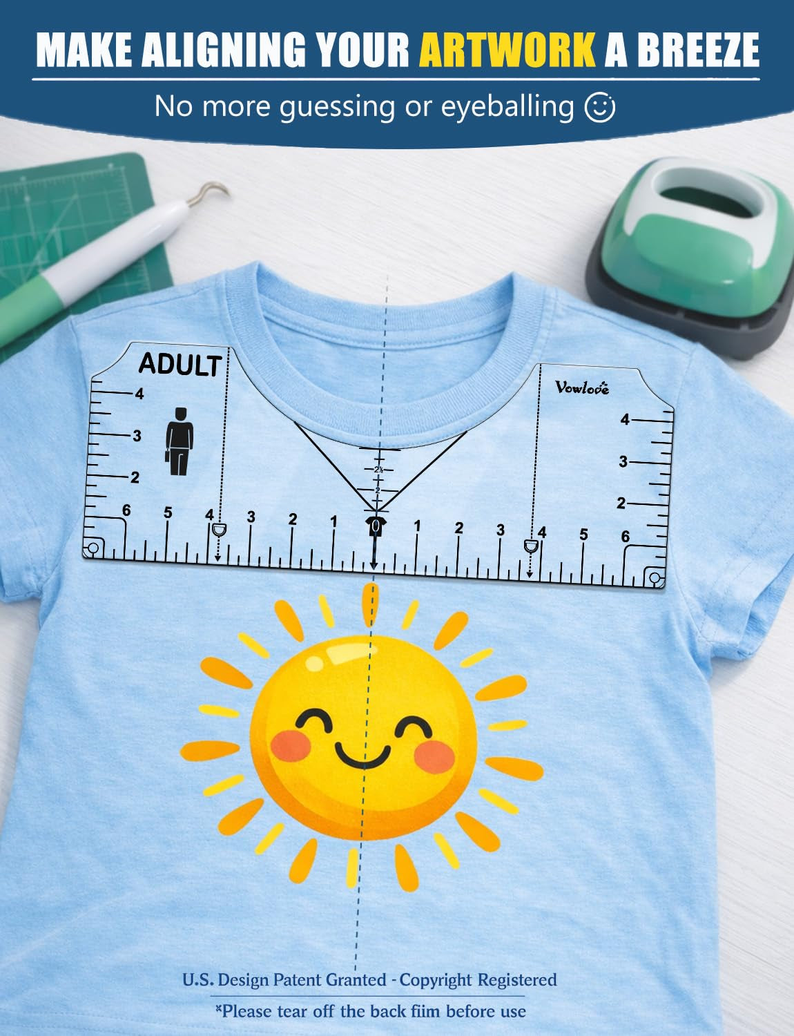 Vowlove T-Shirt Ruler for Precise Alignment, Center & Left Chest Placement Tool for Shirt Making, Compatible with Cricut, Heat Press, HTV, Vinyl, DTF, Sublimation