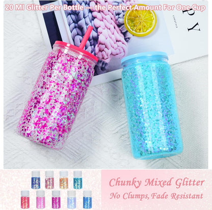 8 Pack 16 Oz Acrylic Snow Globe Tumbler Supplies Starter Kit, Double Wall Plastic Pre-Drilled Snowglobe Tumbler Cup Tool Set, Including Squeeze Bottle Cup Cradle and Scraper Etc.