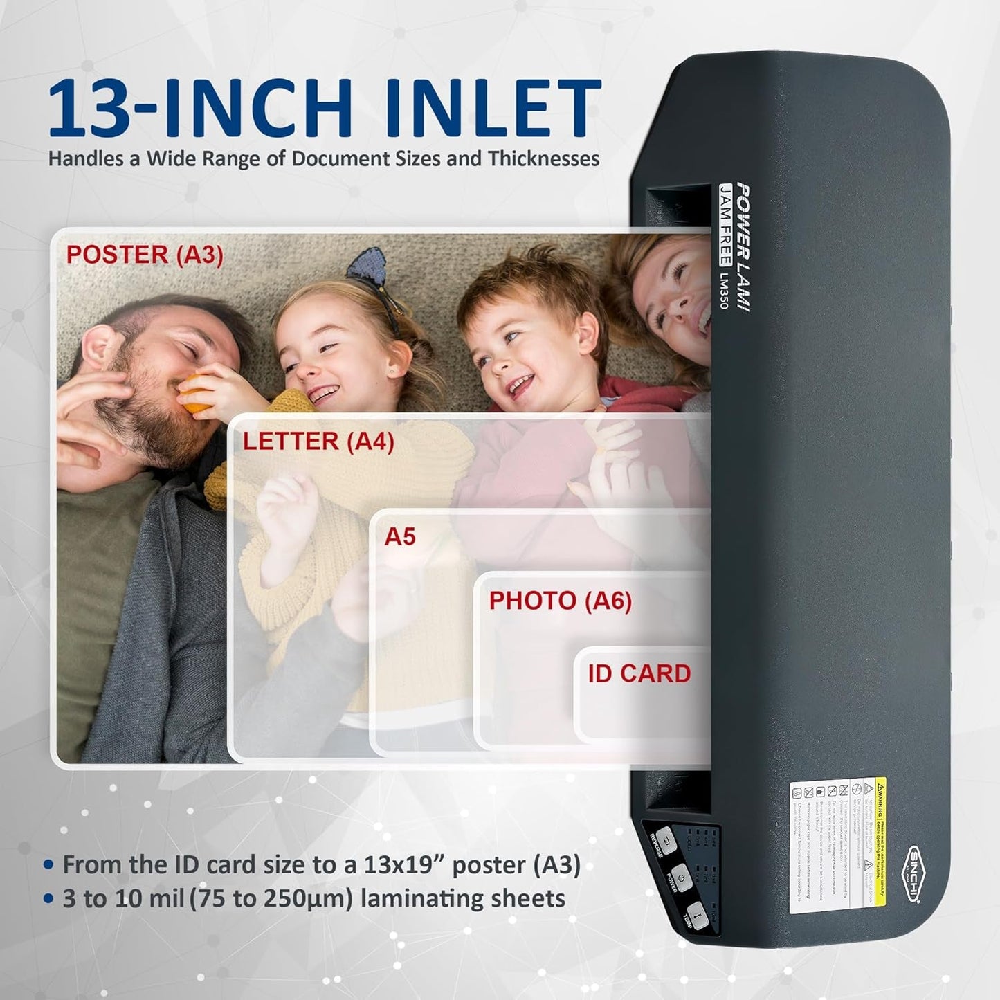 SINCHI 13" Commercial Laminator | 3–10 Mil, 4-Roller, 48S Warm-Up, 17S/Sheet, Heavy Duty No-Jam Design, Works with Cardstock & Dark Prints, Includes 10 Sheets, Ideal for Office, School & Business