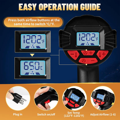 Heat Gun 2000W with LCD Display, Adjustable Hot Air Gun for Vinyl Wrap, Shrink Wrap, Paint Removal & DIY Crafts (122–1202°F)