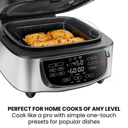 5-In-1 Air Fryer + Indoor Grill with Cooking Thermometer, 7.4Qt Capacity, Stainless Steel