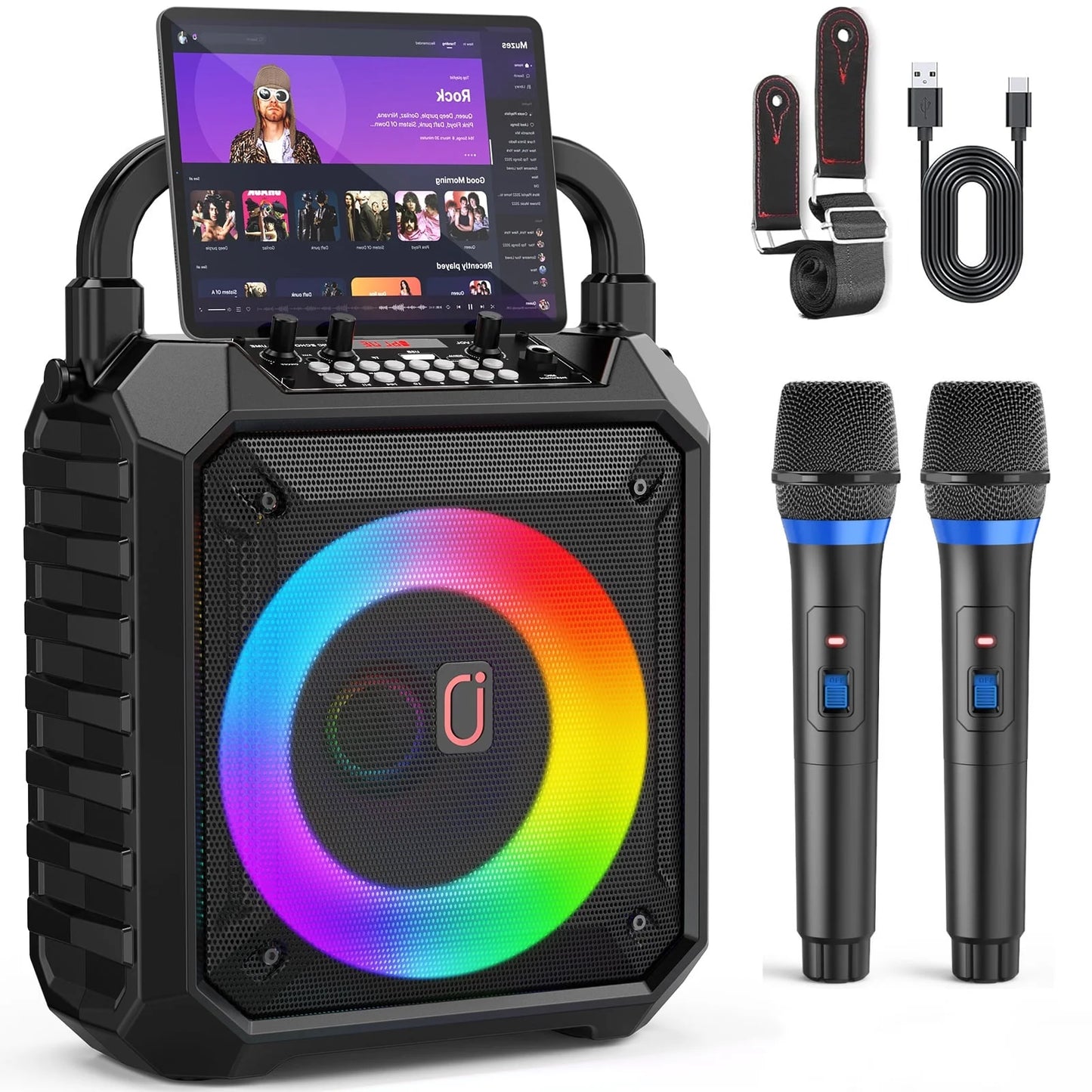 Portable Speaker, 20W Stereo Sound New Party Speaker with Microphone and Colorful Lights, 12H Playing Time Bluetooth Speaker for Home Outdoor and Travel