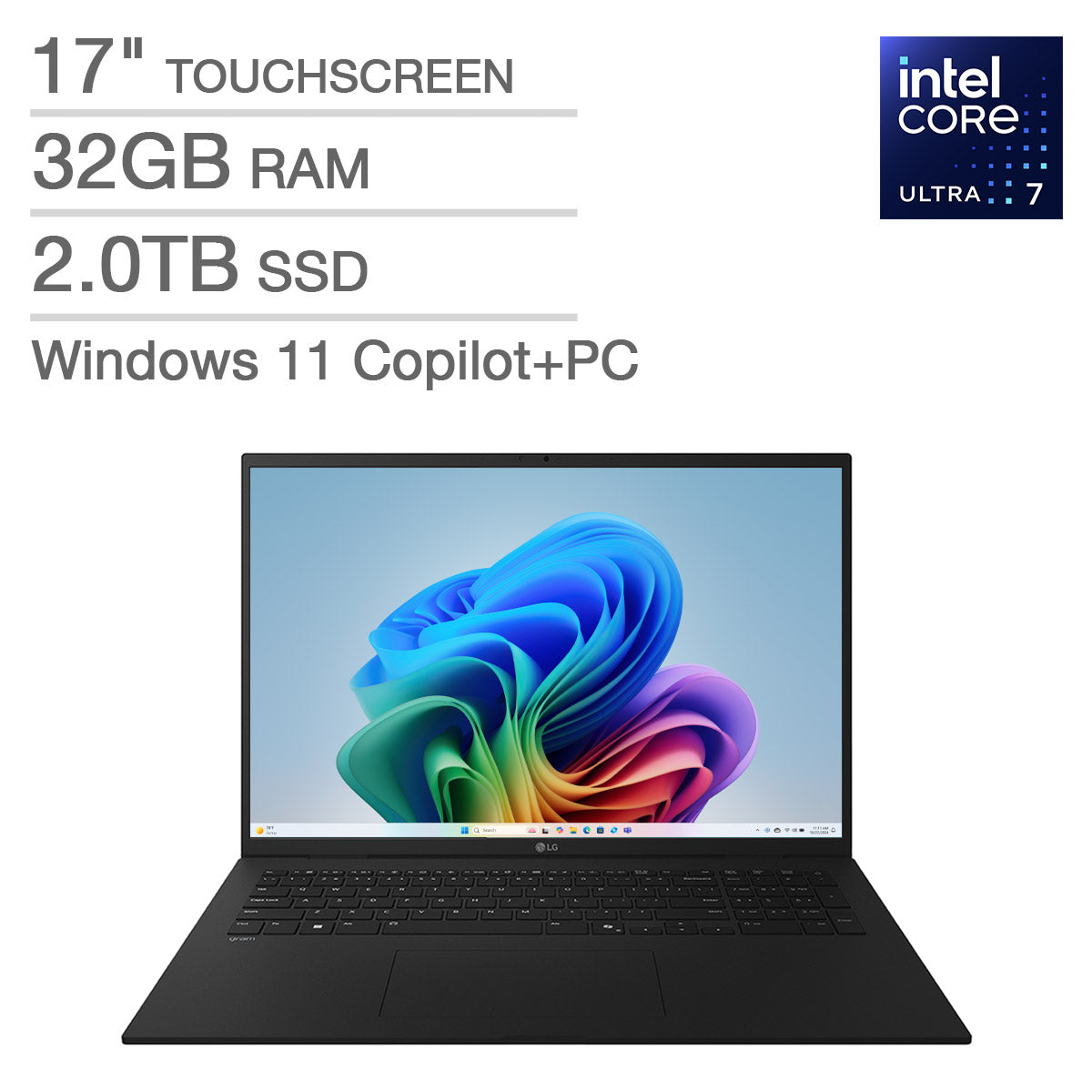 LG Gram 17" Copilot+ PC, Thin and Lightweight Laptop, Windows 11 Home, Intel Evo Edition - Intel Core Ultra 7, 32GB RAM, 2TB SSD, Black