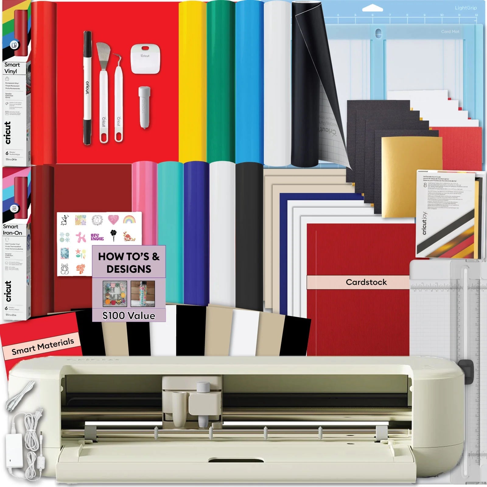 Cricut Explore 5 Machine Essentials Bundle with Smart Vinyl & Smart Iron-On Samplers, Card Making Set and 100+ Project Design Ebook - DIY Cutting Machine for Decals, Cards & Custom Crafts