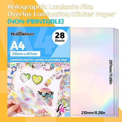 Holographic Laminate Sheets Laminating Sheets Holographic Sticker Paper for Inkjet Printer Clear Vinyl Laminate Sheets for Stickers 8.26" X 11.69" A4 28 Sheets for DIY Crafts Scrapbooking