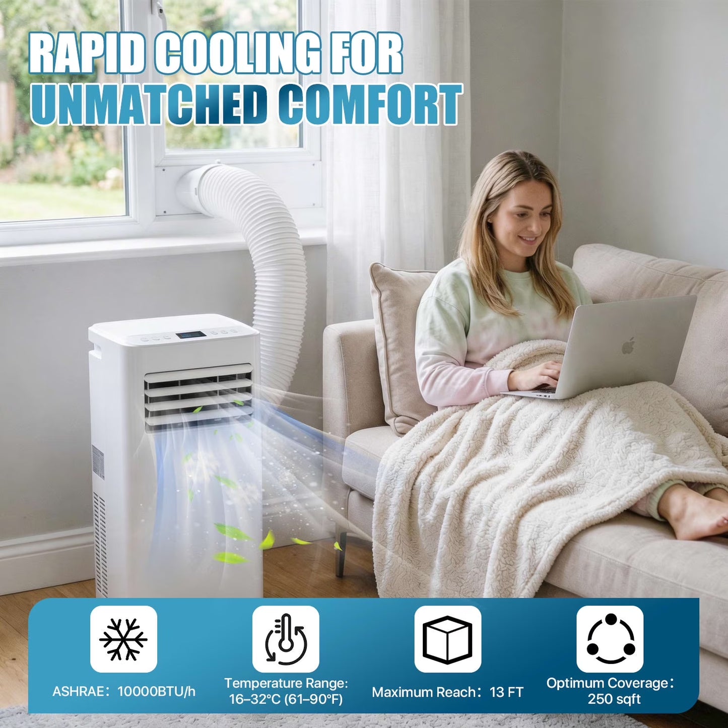 Dateyes 10000 BTU 4-In-1 Smart Portable Air Conditioner, Standing Cooling Unit with APP & Remote Control, Cooling, Dehumidifier & Fan Functions, 55Db Quiet Operation for Bedroom & Indoor Spaces