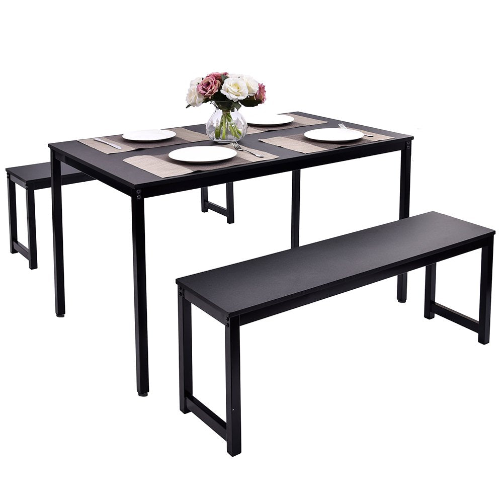 Dining Room Table Set, 3-Piece Breakfast Nook Dining Table Set with Two Benches, Dining Room Table Set Kitchen Table Set with Metal Frame, Modern Furniture for Home Cafeteria, Black