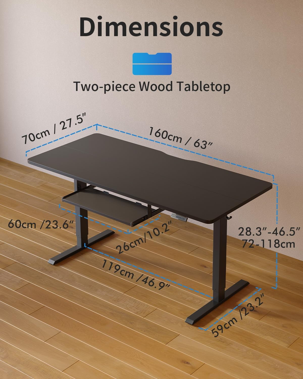 Standing Desk with Keyboard Tray, 63 X 24 Inch Height Adjustable Electric Standing Desk, Sit Stand up Desk, Computer Office Desk, Black