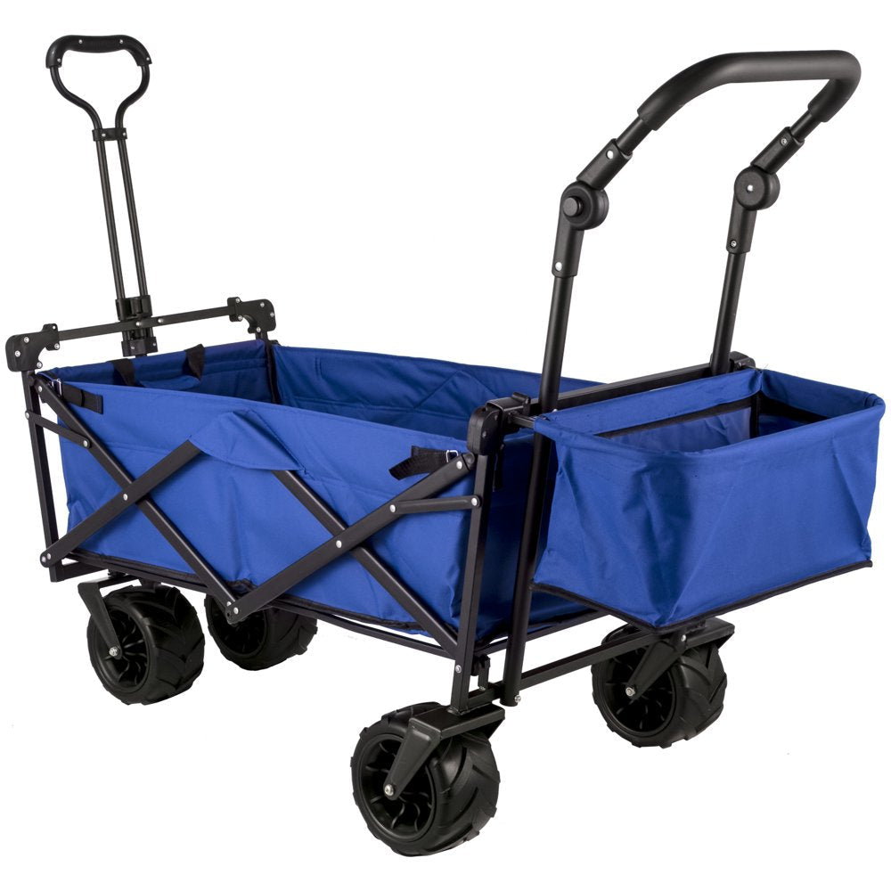 brand Collapsible Wagon Cart Blue, Foldable Wagon Cart Removable Canopy 600D Oxford Cloth, Collapsible Wagon Oversized Wheels, Portable Folding Wagon Adjustable Handles, Beach, Garden, Sports