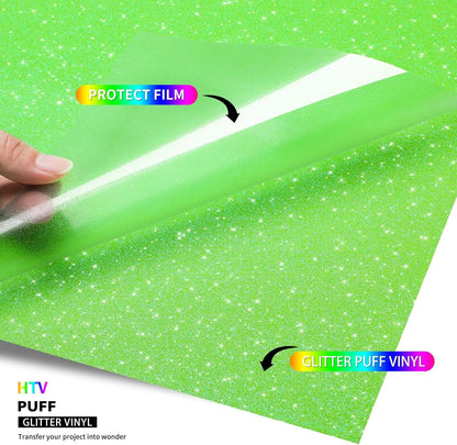 Transwonder Puff-Glitter-Vinyl-Heat-Transfer,15 Colors 12X10" 3D Puff Glitter Heat Transfer Vinyl Bundle for Tshirts Compatible with Cricut Air or Maker (15Pcs)
