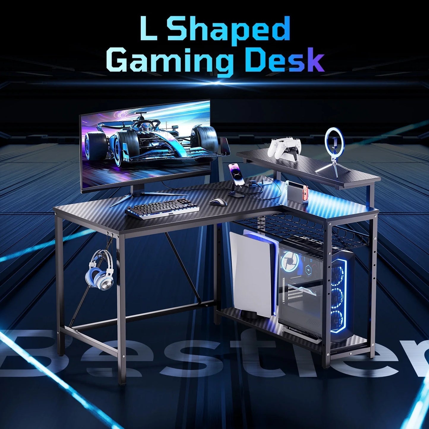 42" Reversible L-Shaped Gaming Desk: Equipped with Power Outlets, LED Lights, Adjustable Shelves & Hooks for Small Spaces ,Bedrooms & Offices, Carbon Fiber Black