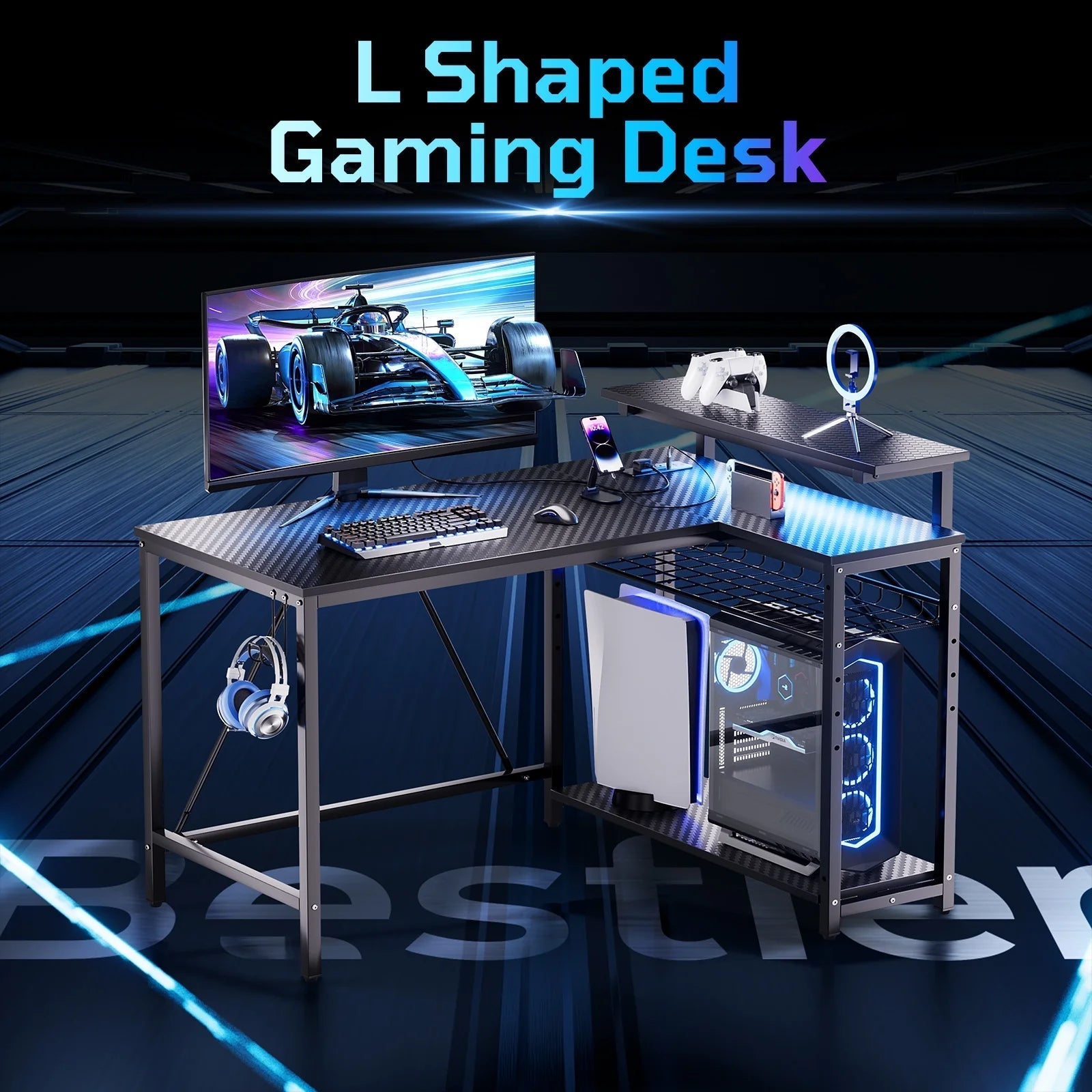42" Reversible L-Shaped Gaming Desk: Equipped with Power Outlets, LED Lights, Adjustable Shelves & Hooks for Small Spaces ,Bedrooms & Offices, Carbon Fiber Black
