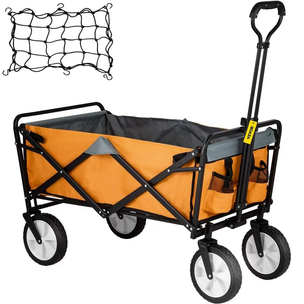 brand Collapsible Wagon Cart ,Folding Wagon Cart , 176 Lbs Load Beach Wagon Oversized Wheels, Portable Folding Wagon Adjustable Handles for Beach, Garden, Sports, Camping, Orange & Gray