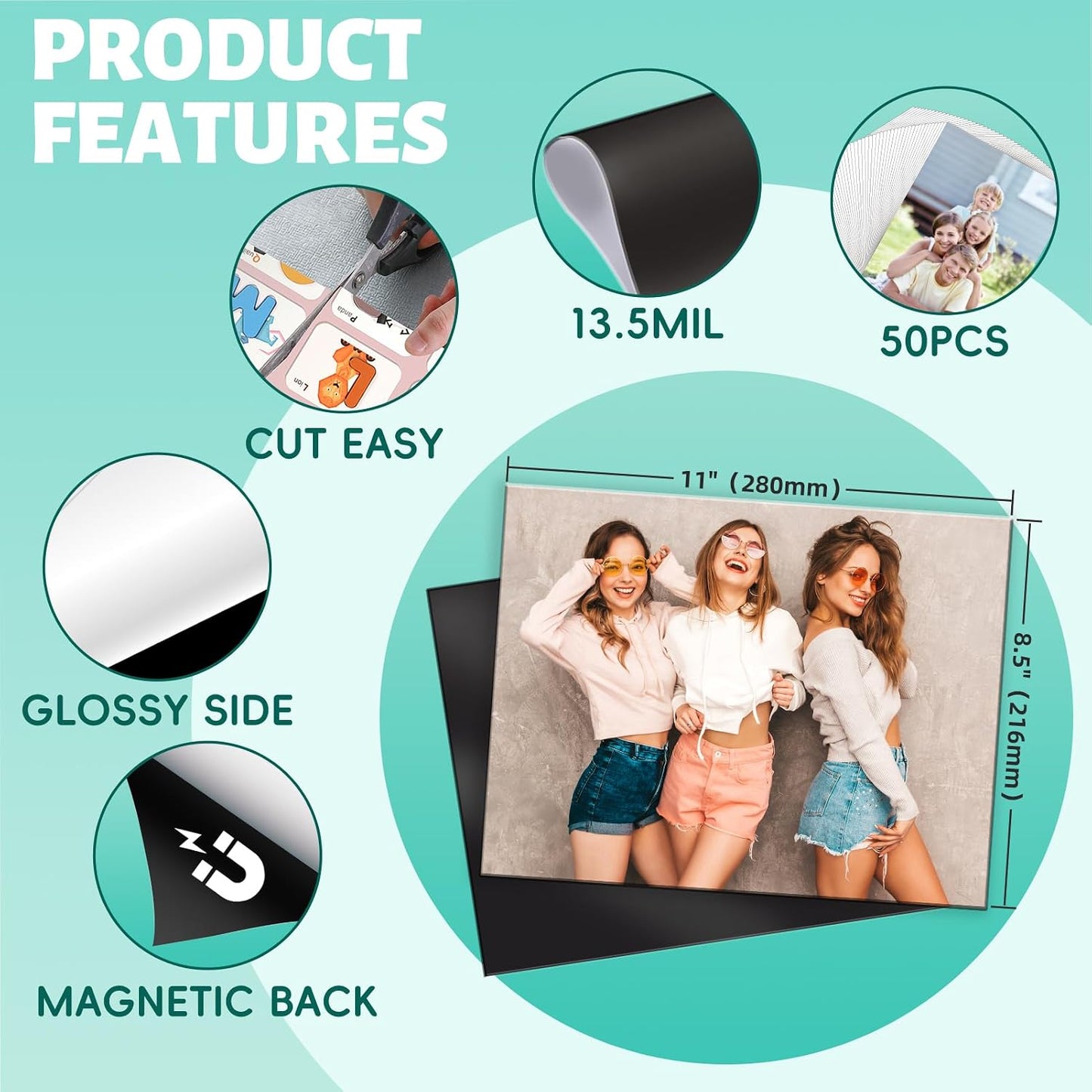 50Pcs Printable Magnetic Sheets 8.5X11 Inches 13.5Mil Thick Glossy Magnet Paper Sheet Non Adhesive Magnetic Paper for Inkjet Printers, Flexible Magnet Photos for DIY Crafts