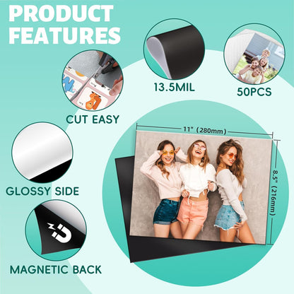 50Pcs Printable Magnetic Sheets 8.5X11 Inches 13.5Mil Thick Glossy Magnet Paper Sheet Non Adhesive Magnetic Paper for Inkjet Printers, Flexible Magnet Photos for DIY Crafts