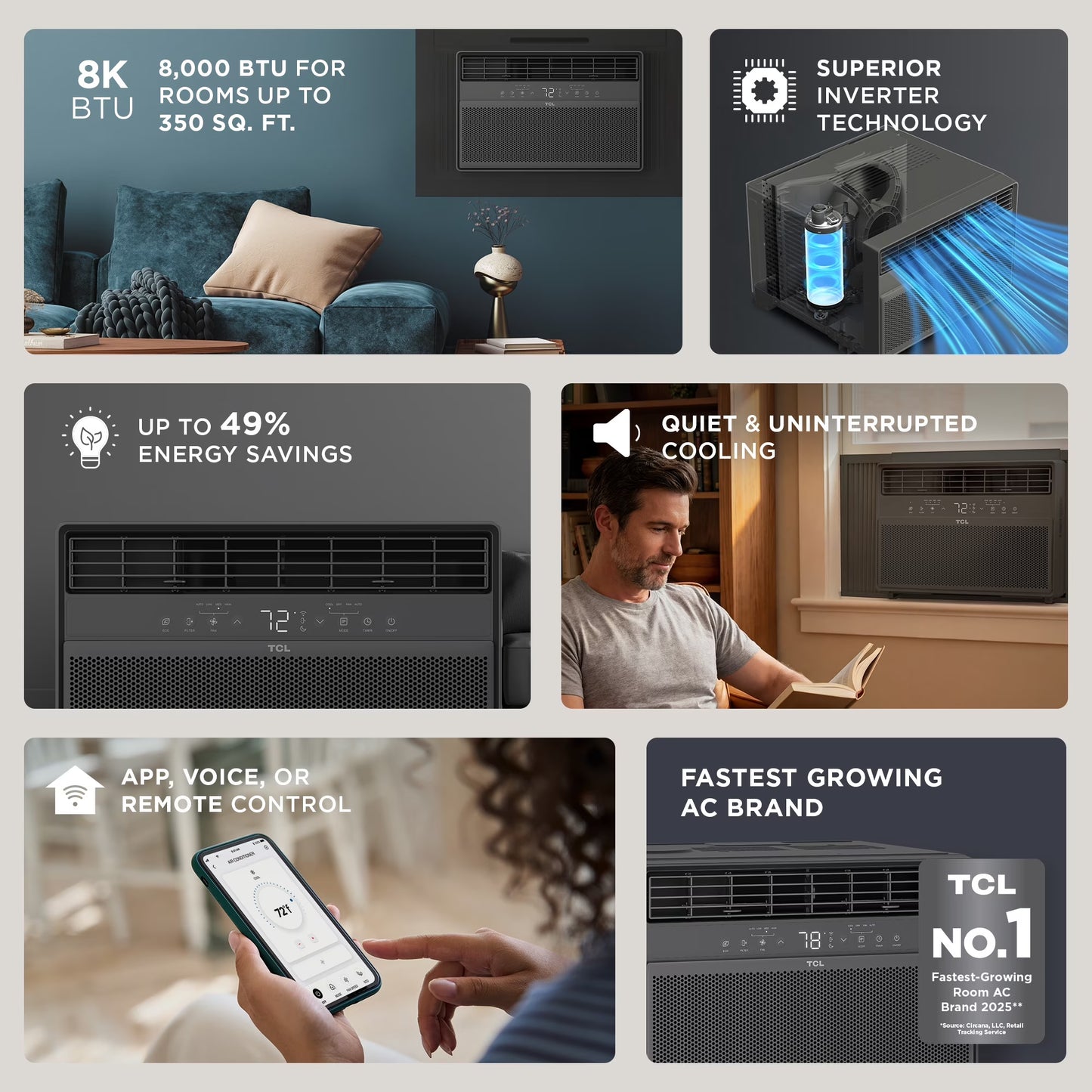 8,000 BTU Smart Inverter Window Air Conditioner (Black) - 350 Sq Ft with up to 49% Energy Savings, Quiet Cooling Tech, 3-In-1 Cooling, Fan & Dehumidifier, Matter Wi-Fi, Remote Control - W8WC72-B