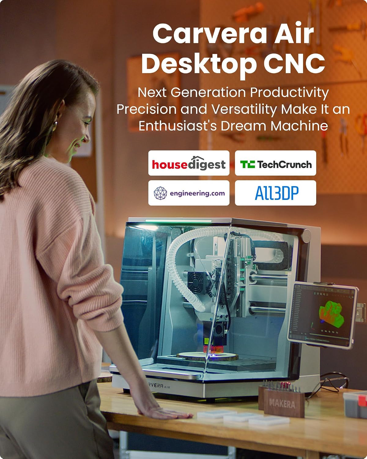 Carvera Air Desktop CNC Machine with Makera CAM, Enclosed Mini CNC Mill with Quick Tool Changer, Auto Probing, Closed-Loop Stepper Motor, High Precision 3 Axis for DIY Makers Workshops Metal Wood PCB